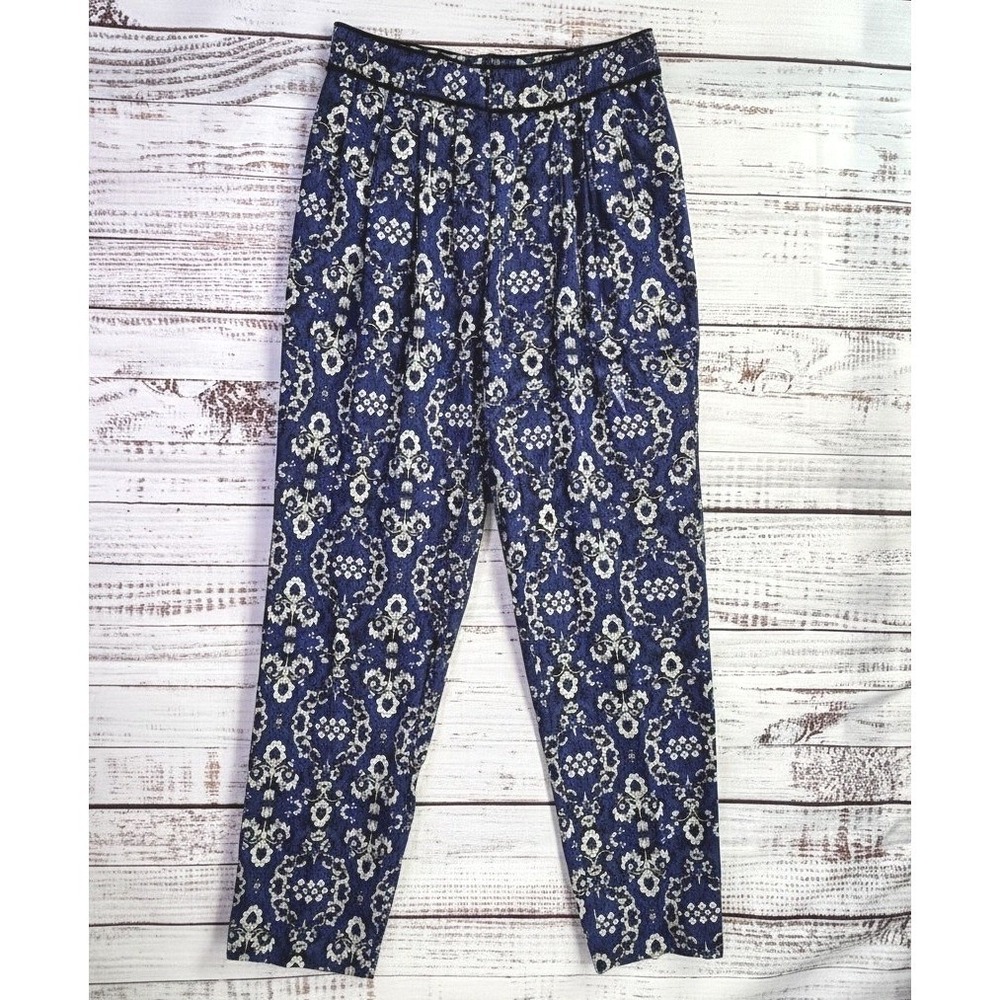 Vintage Robin Sinkler Trousers 10 Blue Damask High Waist Pleated Regency Pants